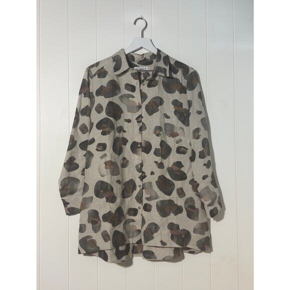 iLinen Lifestyle XL 100% Linen Blouse Made in Poland Leopard Animal Print Shirt - Picture 1 of 7
